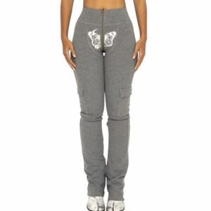 Elegant Gray Women's Flare Pants with Butterfly Design
